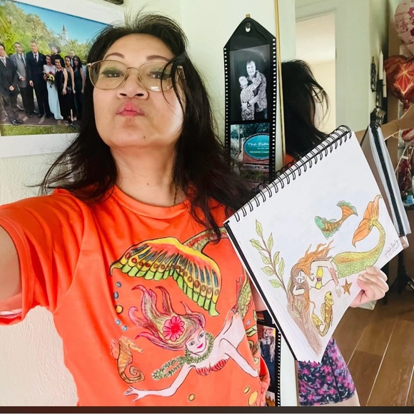 ( 0353) Women Mermaid Vibrant Orange Mermaid Graphic T-Shirt - Picture 3 of 9